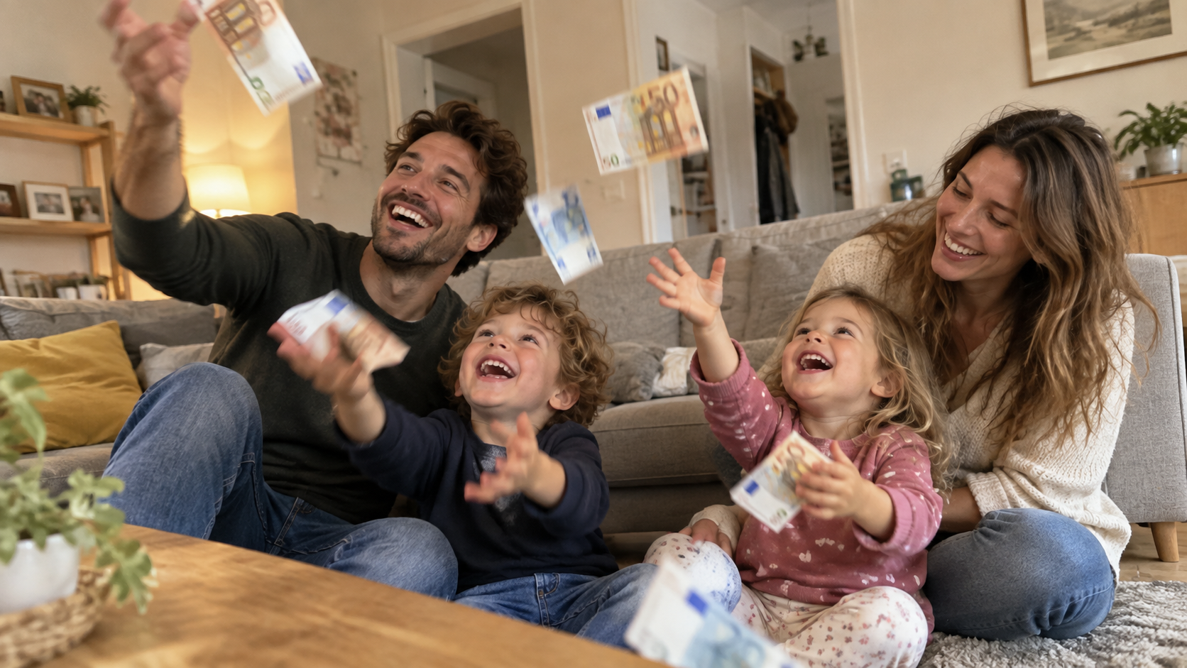 Lachende Familie mit zwei Kindern wirft Euro-Scheine in die Luft